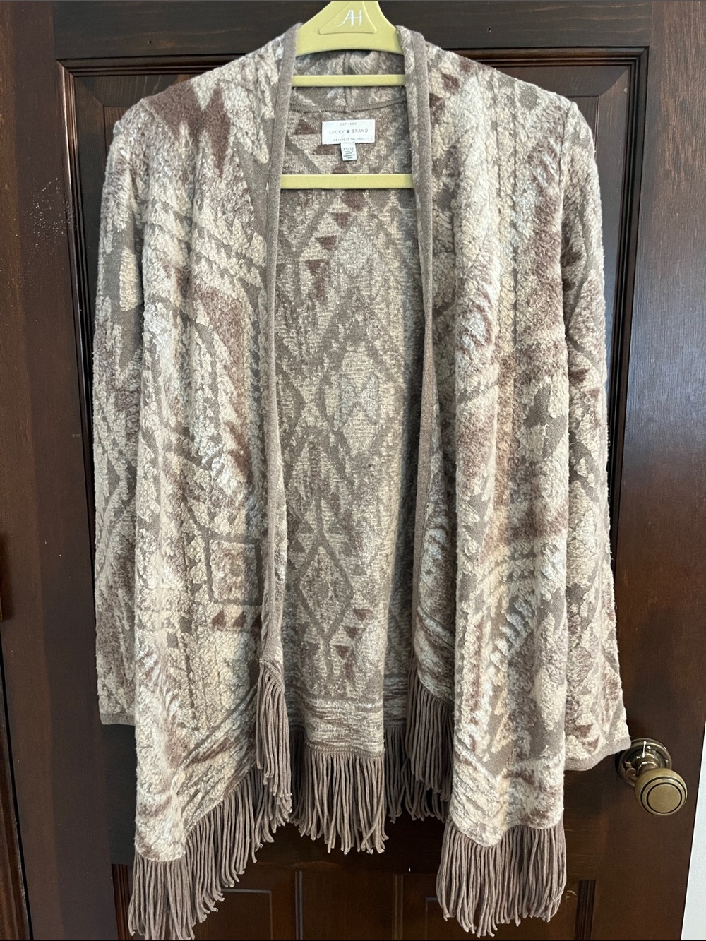 Lucky Brand taupe and cream Aztec fringe open-front cardigan